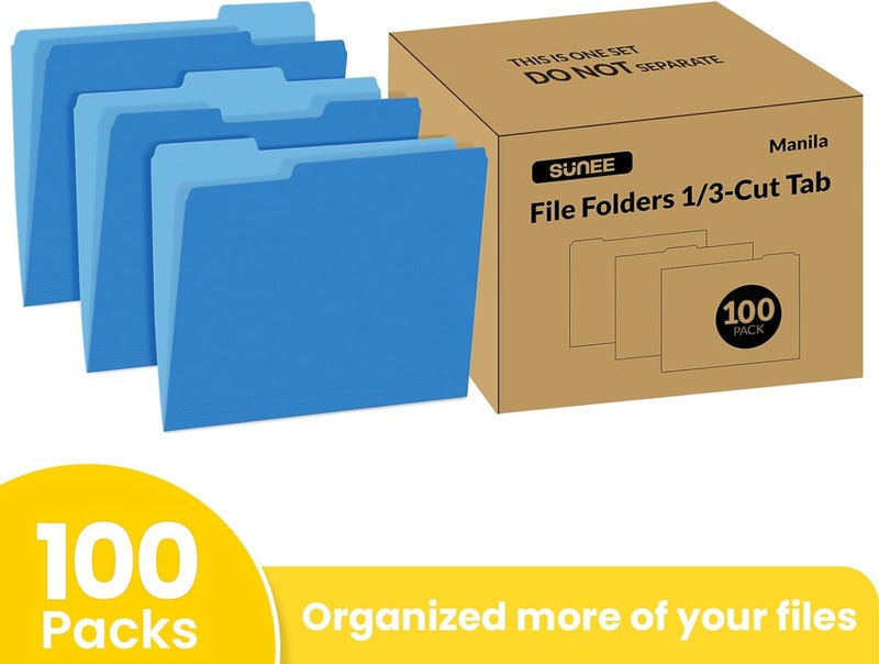 SUNEE File Folders Letter Size Blue, 100 Pack Manilla Folders 8.5 x 11 1/3-Cut Tabs, Colored File Folders Office Home School for Documents Files Paper - Image 2